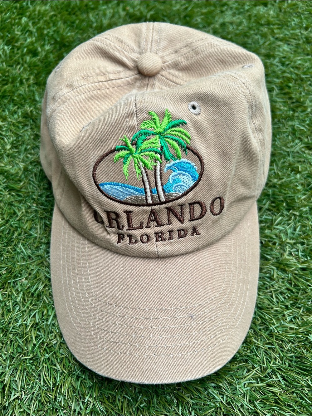 Orlando Florida Beige Baseball Cap with Palm & Wave Embroidery